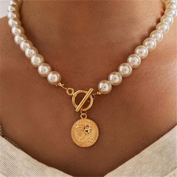 

pendant necklaces pearl carved geometric pattern coin chains necklace for women punk jewelry, Silver