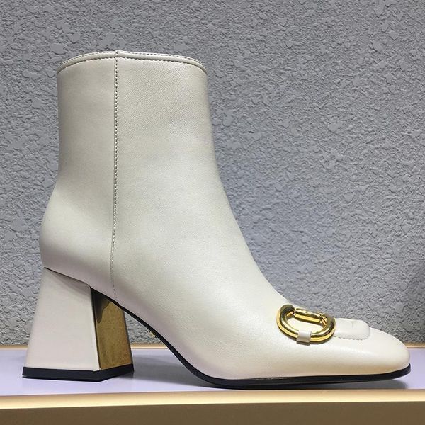 Stivali 2022Designer Donna Frange alla caviglia Punta quadrata Bottone in pelle di alta qualità Grosso Stivaletti con tacco alto Scarpe da donna Taglia 35-42