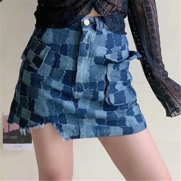 

and spring autumn plaid skirt women's irregular high waist denim a-line, Black