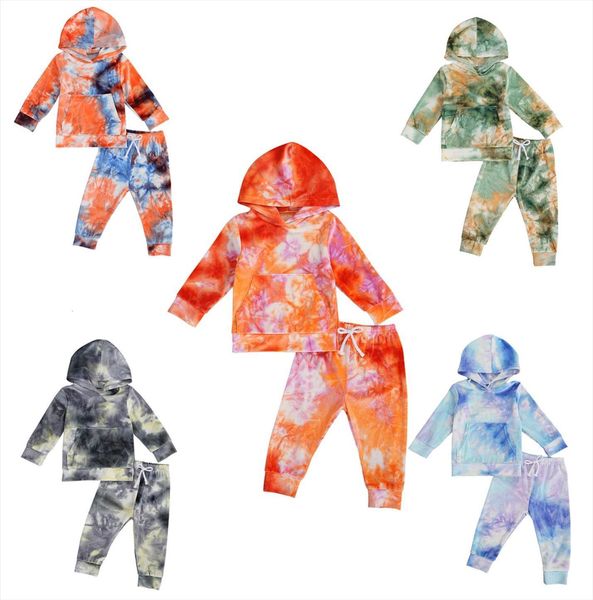 

autumn 2pcs kids girls boys toddler tie dye print outfits long sleeve front pocket hoodie trousers pants set, White