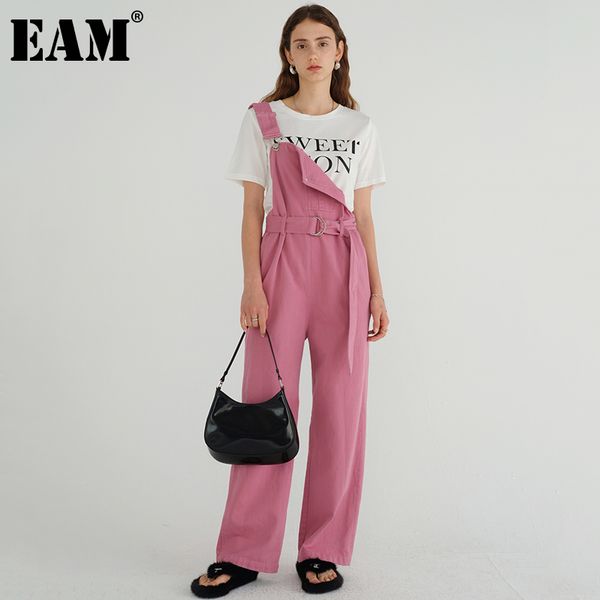 

[eam] high waist pink denim sashes solid color trousers loose fit overalls women fashion spring summer 1dd6876 21512, Blue