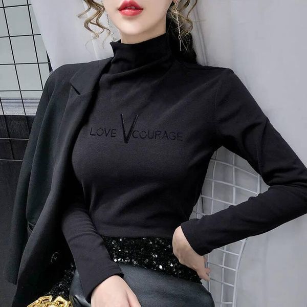 

women's sweaters winter knit bottoming shirt women embroidery slim sweater korean long sleeve turtleneck pullovers undershirt, White;black