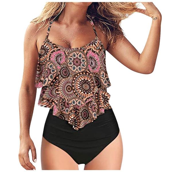 

women's swimwear high breast bikini ladies ruffle print waist spaghetti strap split 2 piece swimsuit biquini neon #g2, White;black