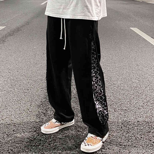 

men's pants high street casual leopard side sweatpants of men with black straight cord loose hip hop oversize track