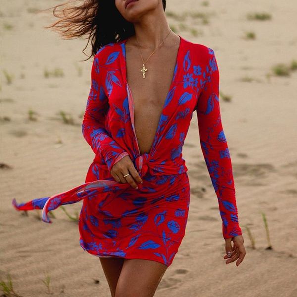 

women's swimwear asia print red dress tie up long sleeve deep v neck mini dresses for women casual beach party wear ladies bodycon vest, White;black