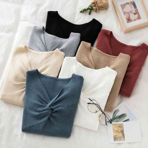 

women v-neck slim knitted sweater casual winter fashion korean elastic long sleeves criss-cross soft ladies pullovers sweater, White;black