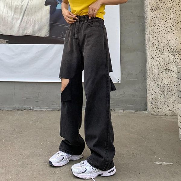 

women's jeans n fashion hollow out hole ripped women hip hop casual loose wide leg pants oversized streetwear femme, Blue