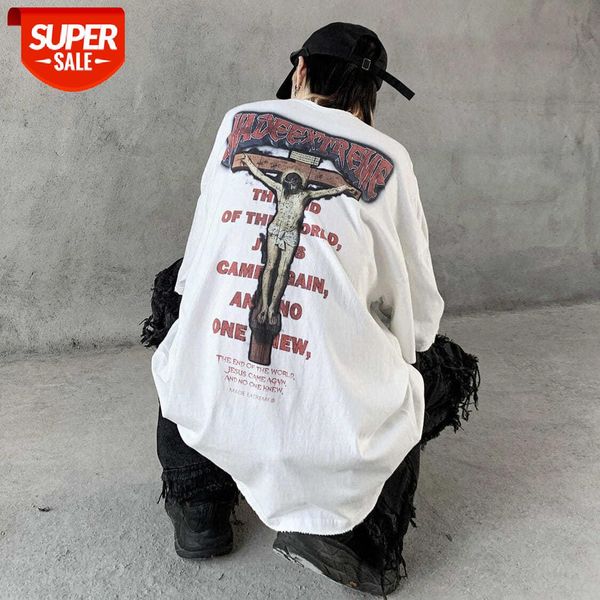 

dark high street style altar jesus print made old washed short-sleeved t-shirt male retro loose tide brand #665y, White;black