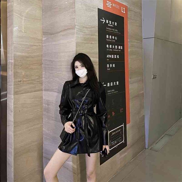 

blogger's modern small silhouette medium and long waist closing leather coat 2020 autumn new royal sister temperament slim, Black