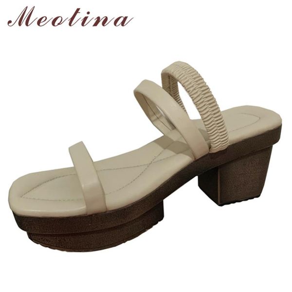 

meotina women shoes natural genuine leather sandals platform high heel square toe thick lady footwear summer white 40, Black