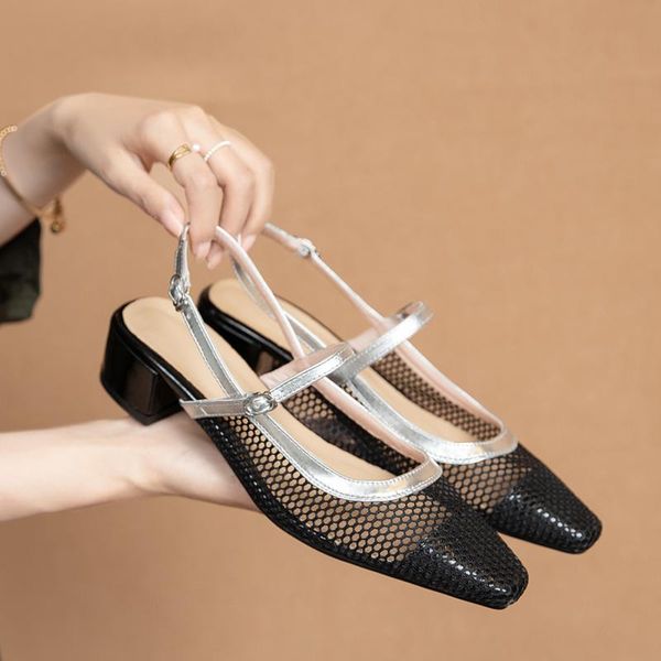 

women summer mesh pumps sandals female square toe high heels fashion hollow party dress shoes, Black