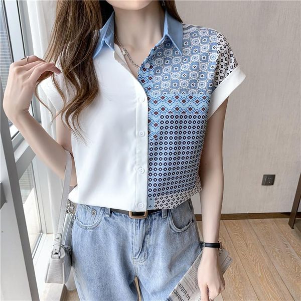 

women's blouses & shirts 2021 summer turndown collar chic blouse women printed casual female raglan sleeve ladies patchwork lady, White