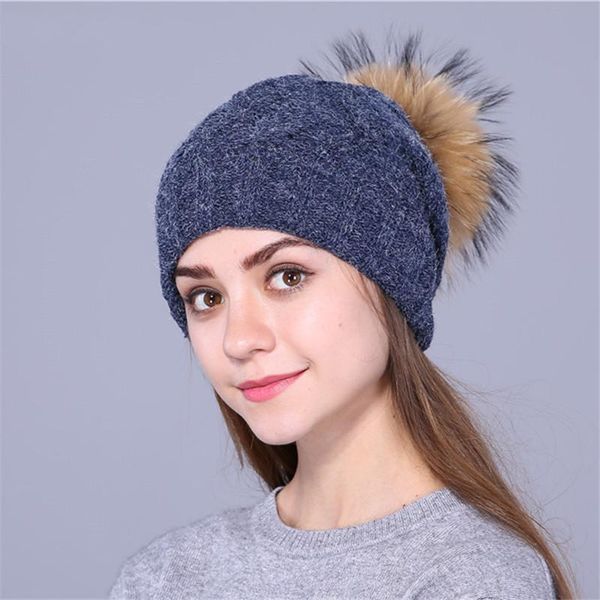 

beanie/skull caps women's winter hat beanie wool knitted with pom double layer warm skull fashion women casual cap, Blue;gray