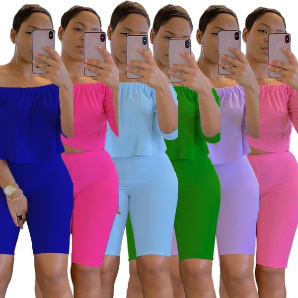 

women's tracksuits zaggin 2021 autumn women solid 6-color 2-piece sets lady off-shoulder short sleeve knee-length pants skinny sui, Gray