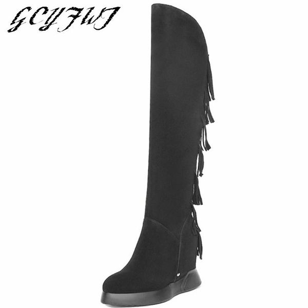 

boots fashion fringe women's over-the-knee round toe zipper-sid height increasing female shoes hand-made plush in tenis feminino, Black