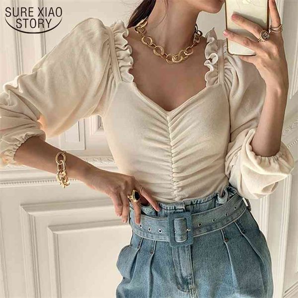 

spring autumn blouse women square collar elegant splicing pleated puff sleeve shirt lady chic curled slim solid 210421, White