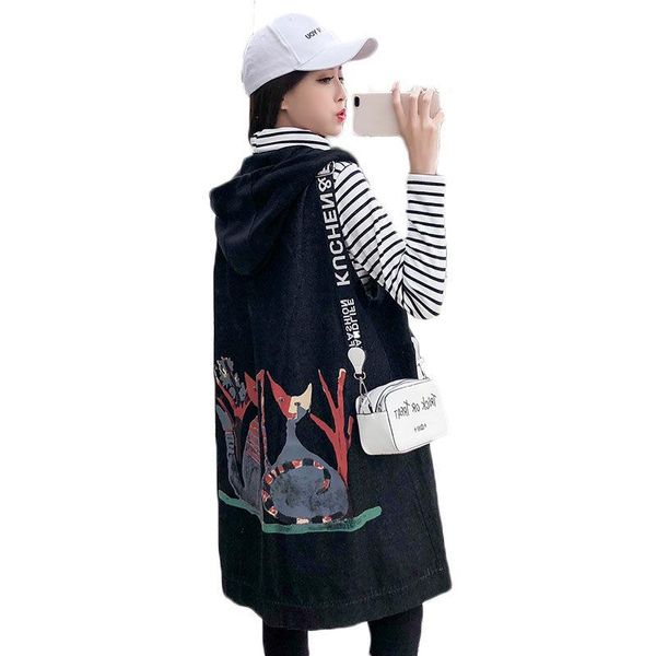 

women's vests extra large size clothing long denim vest women print hooded jacket sleeveless coats spring waistcoat streetwear f532, Black;white