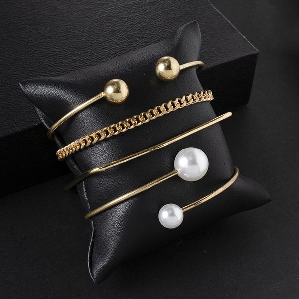 

decoration for 4 open pieces/set girls simulation color bead pearl bracelet women bohemian hand gold jewelry metal charm bracelets, Golden;silver