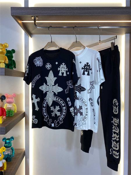 

ins21 xia chao brand croxin cross horseshoe pattern drill men's round neck half sleeve t-shirt lovers top, White;black