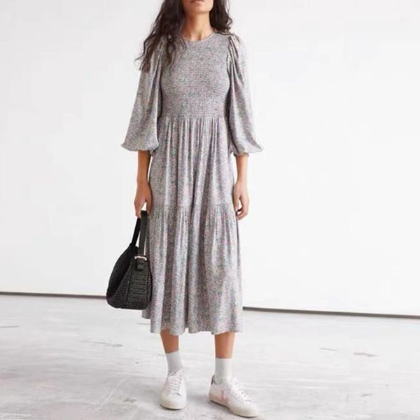 

casual dresses women floral print pleated midi dress long puff sleeve slim waist fashion 2021 autumn winter female robe for holiday, Black;gray