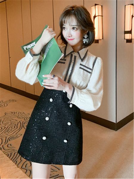 

tweed lapel miniskirt dress for woman winter, Black;gray