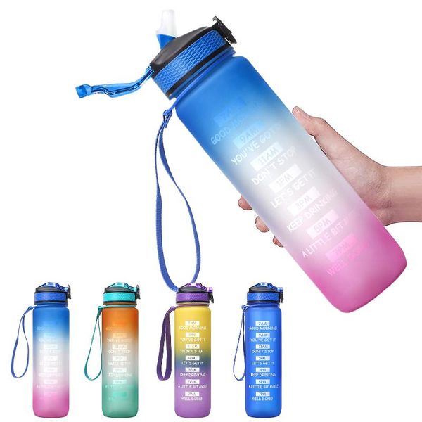 

water bottle 1000ml with time marker bpa sports straw for office gym fitness camping cycling