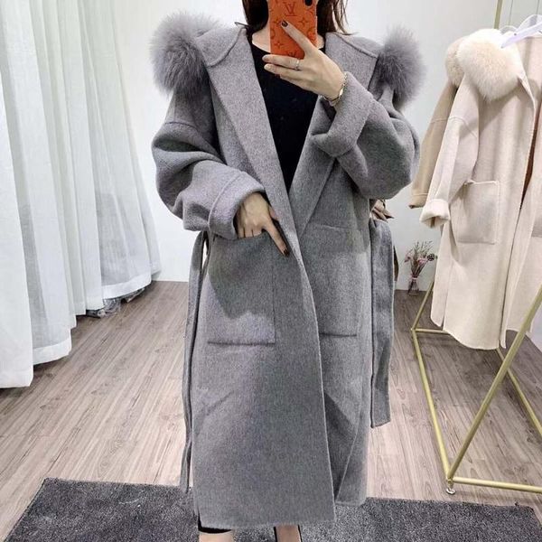

women's wool & blends women winter x-long real fur coat jacket natural collar hood cashmere outerwear streetwear qy5h, Black