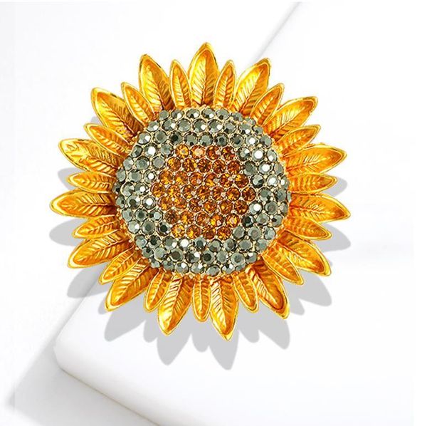 

golden crystal sunflower brooch rhinestone floral pins brooches for men women party suit collar jewelry accessories, Gray