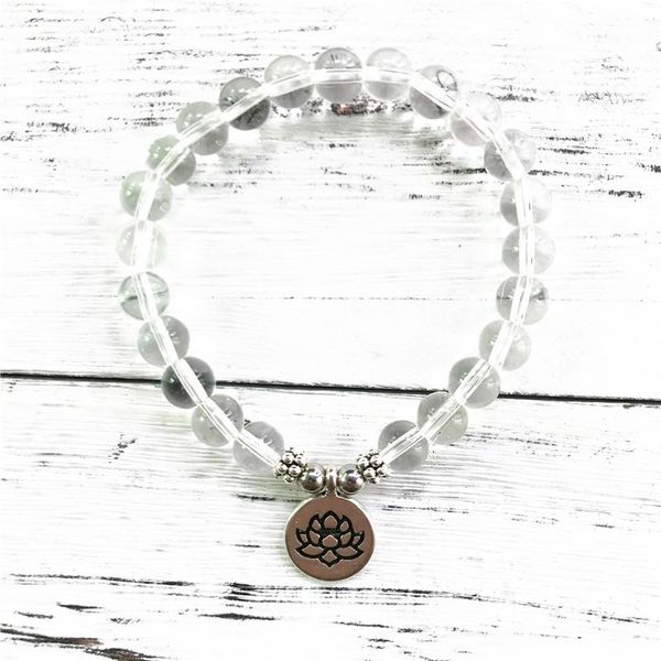 

charm bracelets clear quartz crystal bracelet lotus yoga wrist mala beads meditation jewelry master healer clarity healing for all chakras, Golden;silver