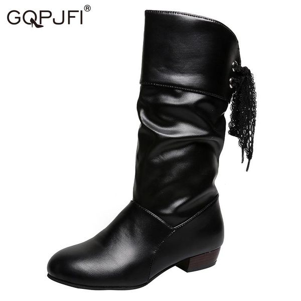 

boots leather autumn winter women shoes round toe rough heel knight nordic style rear lace-up fashion black mid-tube boot