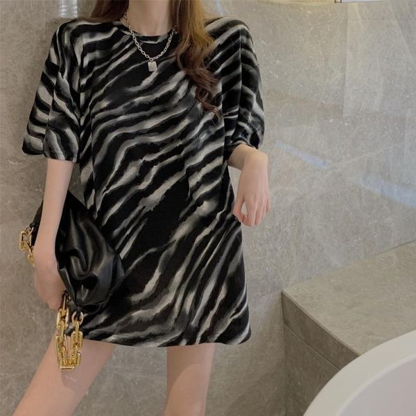 

women's t-shirt summer zebra print ladies loose all-match dress, White