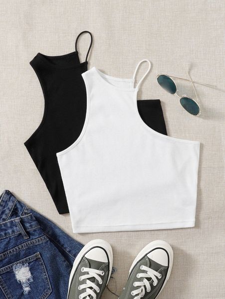 

2pcs solid asymmetric neck halter r6td#, White