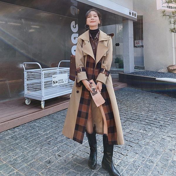 

women's trench coats superaen french windbreaker female 2021 loose waist slimming patchwork spring autumn double breasted women, Tan;black