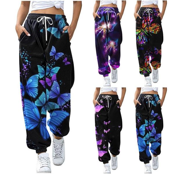 

running pants fashion women's winter casual butterfly printed high waist drawstring warm loose elastic joggers trousers#g4, Black;blue