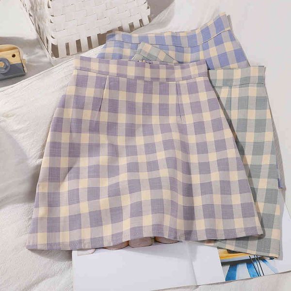 

korean contrast color plaid skirts women sweet chic short fashion mini high waist summer female 210518, Black