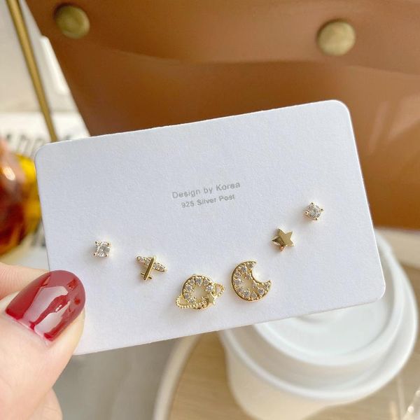 

stud 14k real gold plated jewelry planet moon airplane zircon earrings for woman small six-piece set luxury daily earring, Golden;silver