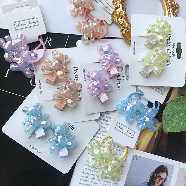

hair accessories boutique 12sets fashion crystal bear hairpins barrettes cartoon animal elastic bands ponytail holder princess headwear, Slivery;white