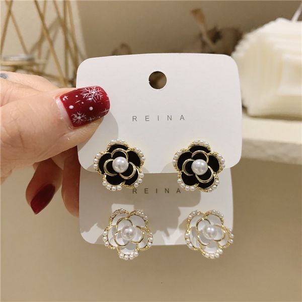 

korean french pearl camellia flower earrings, small fragrance c in 2021, Golden