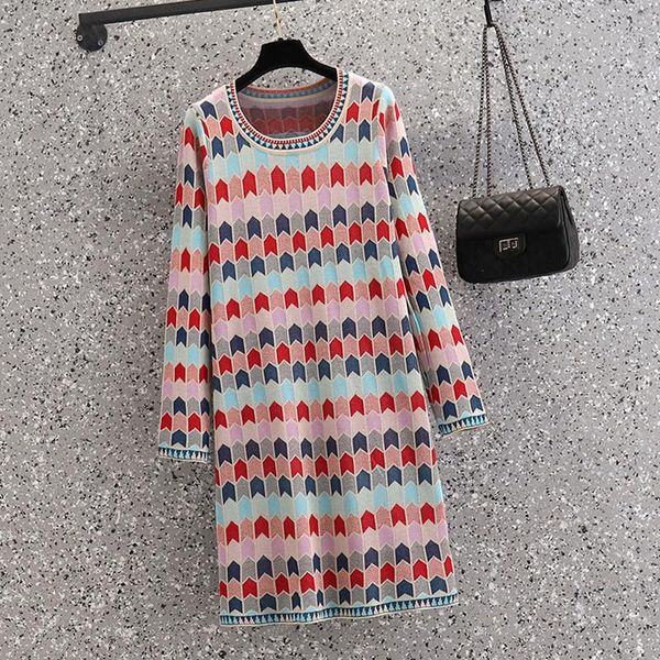 

casual dresses plus size french vintage knitted women 2021 fall rainbow lattice o neck long sleeve loose contrast sweater dress, Black;gray