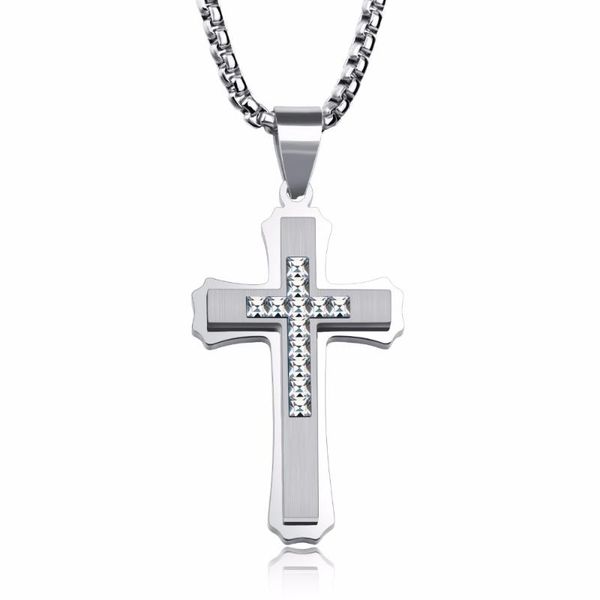 

pendant necklaces fashion cross for men religious pave square cubic zirconia necklace stainless steel jewelry gx1234, Silver