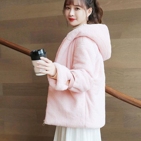 

women's fur & faux herstory 2021 winter warm hooded imitate mink plush padded women coat large size short solid color fashion, Black