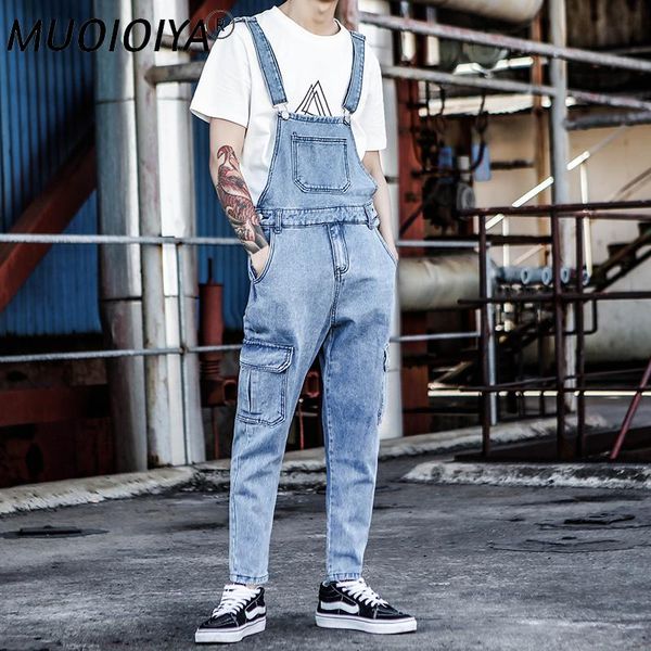 

men's jeans bib jumpsuit men 2021 spring summer overalls mens denim jumpsuits rompers slim fit pockets design pants male clothes, Blue