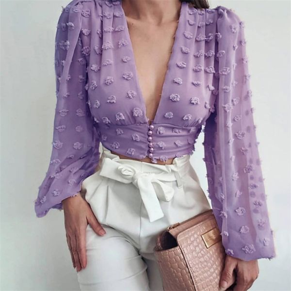 Camisa de blusa de pescoço rosa roxo camisa mulheres longas lanterna manga chic elegante moda senhora primavera tops 210427