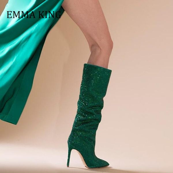 

boots 2021 women crystal embellished knee high point toe rhinestone stiletto heel bling nightclub party dress, Black