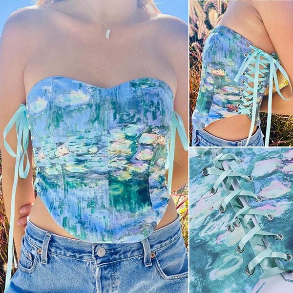 

women's side straps waistband vest fashion print tie blue t-shirt, White