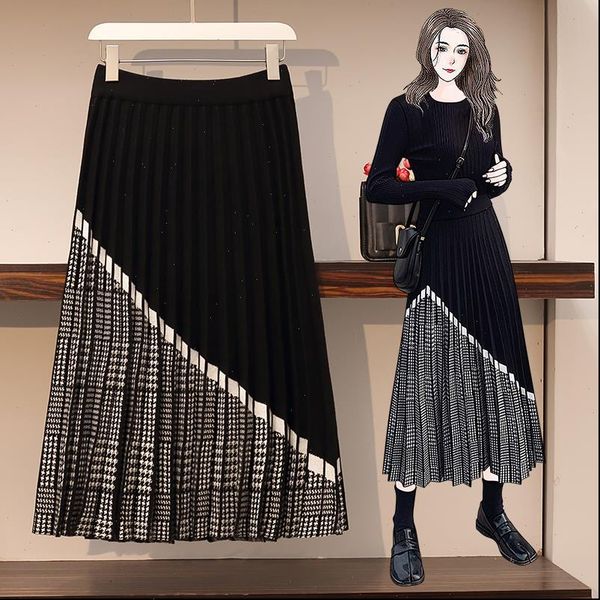 

jsxdhk s 5xl women skirt plus size knitted autumn winter houndstooth hit color patchwork plaid skirts black midi pleated