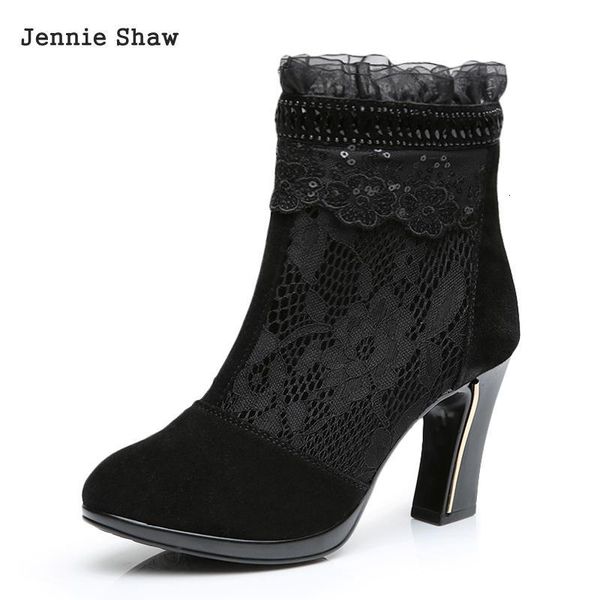 

botas red encaje cuero genuino primavera otoo tacn alto zapatos de mujer, Black