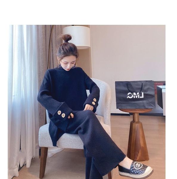 

women's two piece pants 2021 autumn winter korean knit suit women foreign style turtleneck sweater thickened outer wear net red loose t, White