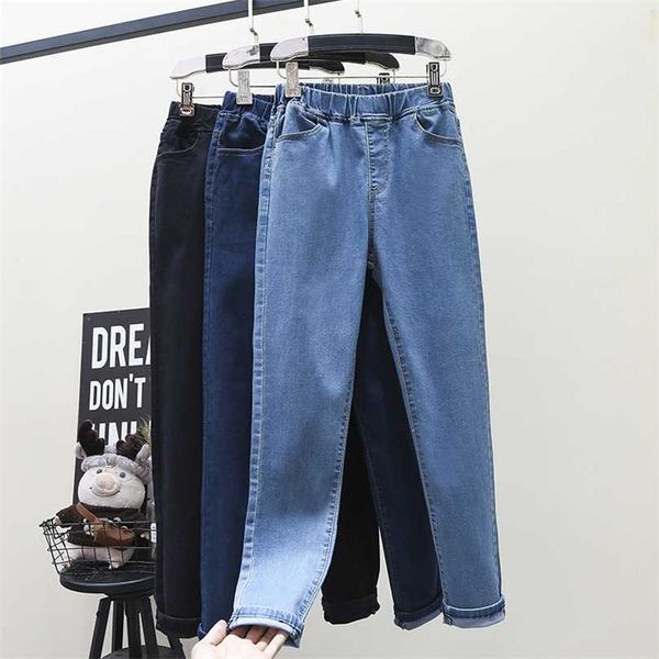 

s-6xl high stretch skinny jeans plus size women mom denim pants high waist elastic band slim pencil pants light blue black 211112