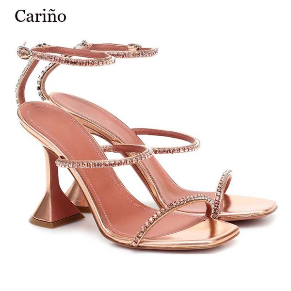 

arrival hollow out rhinestone sandals 2021 summer women high heel square toe ankle strap size 35-40, Black